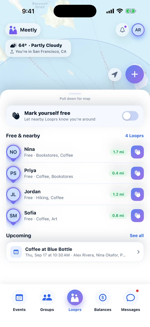 Meetly home screen showing four friends nearby and free, with distances, current weather and an upcoming coffee plan