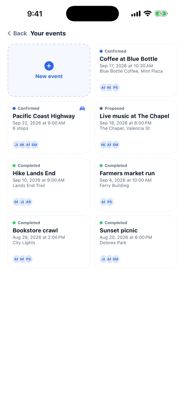 Meetly events grid showing confirmed, proposed and completed plans