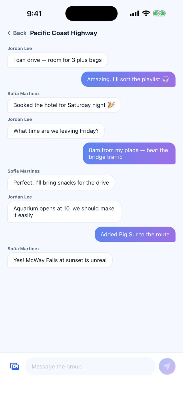 A Meetly group message thread for the Pacific Coast Highway trip