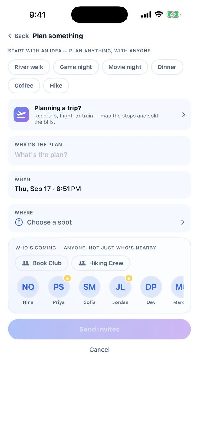 Meetly plan composer with idea chips, time, place and who is coming
