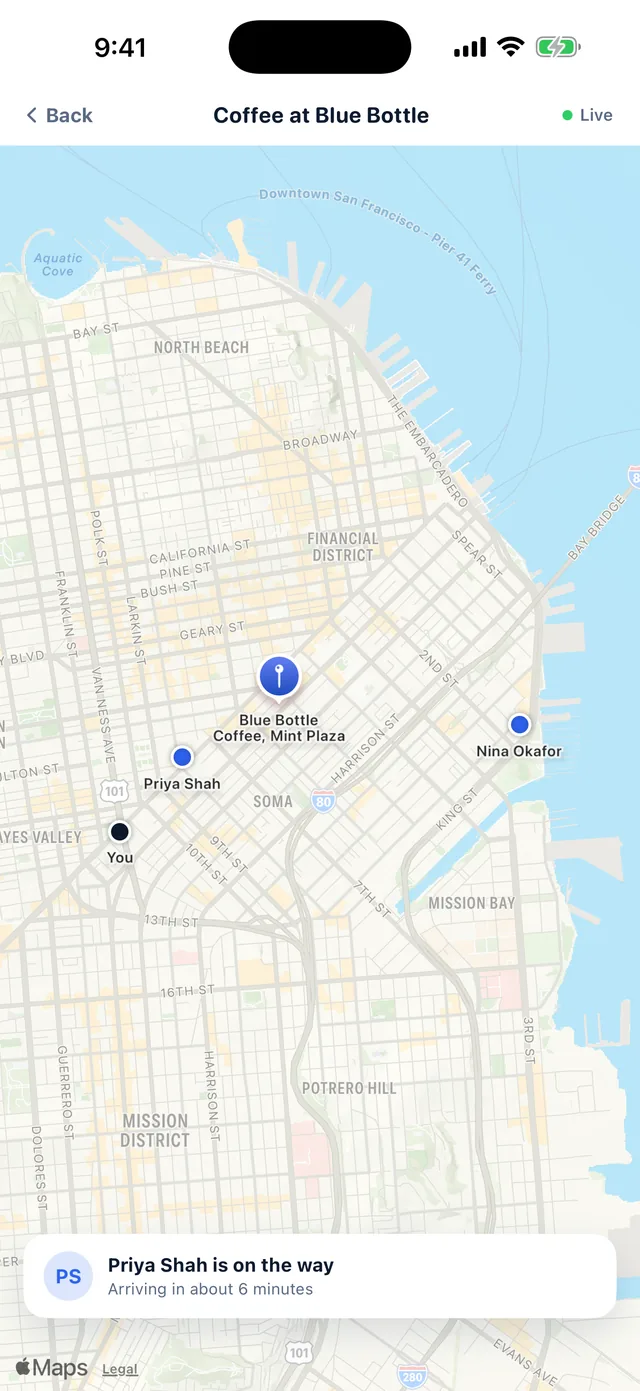 Meetly live tracking map showing friends heading to the meetup with arrival times