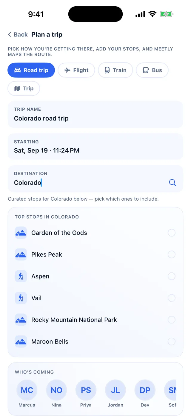 Meetly trip planner with travel mode chips and curated stops for Colorado
