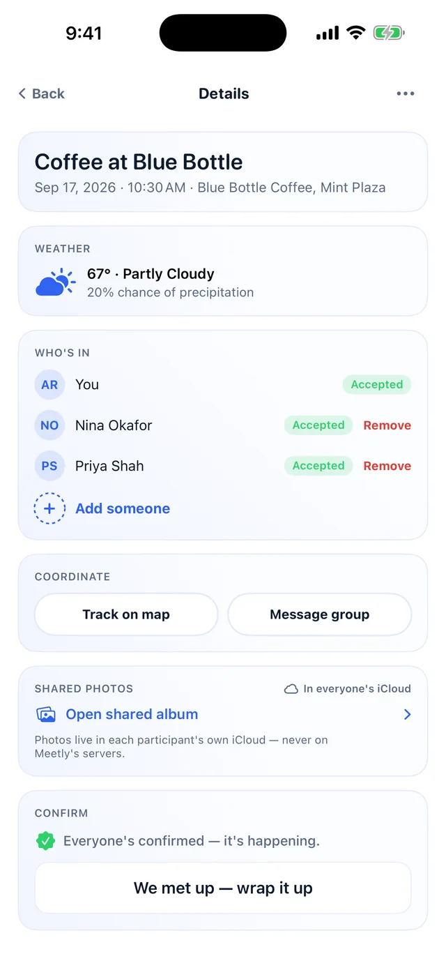 A confirmed Meetly plan showing the weather forecast for the spot and who has accepted